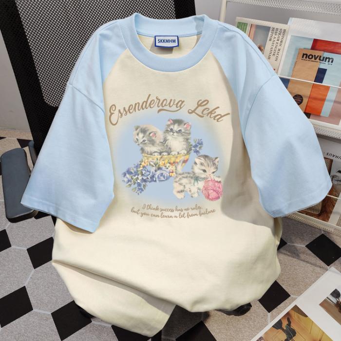 

Женская футболка большого размера из 100% хлопка высокого качества, летняя повседневная футболка с милым мультяшным принтом y2k, футболки с короткими рукавами и цветными блоками, женская уличная одежда XL