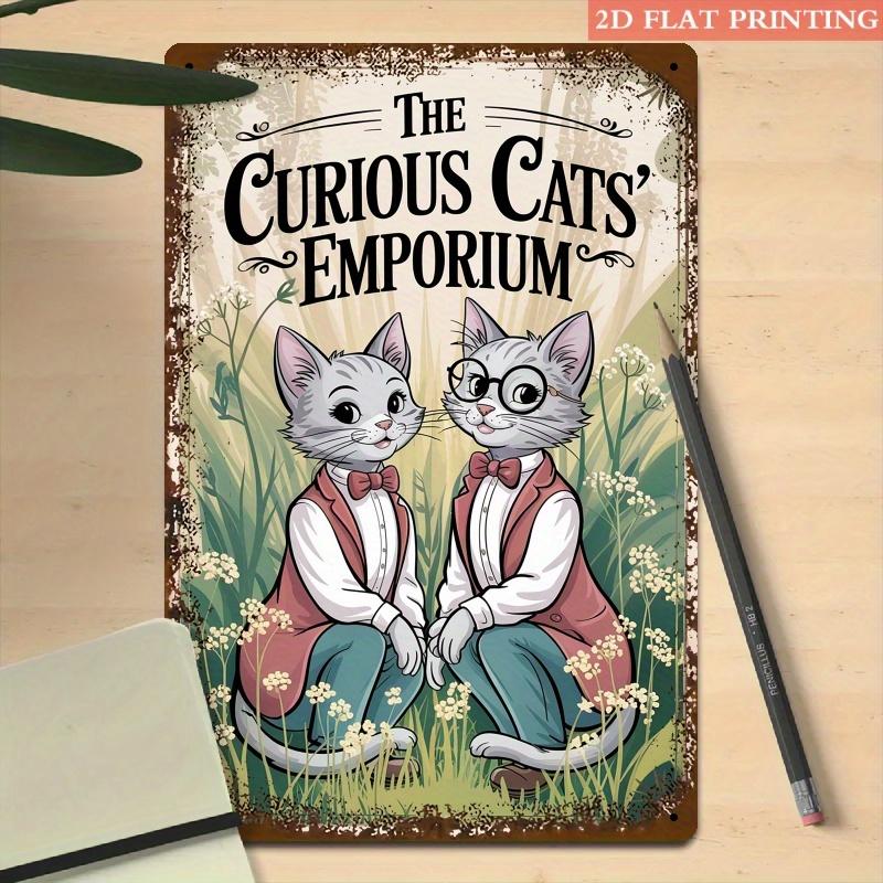 1pc Curious Cats Emporium Metal Sign - 8x12 Inch Iron Wall Decor with Whimsical Garden Design, Vintage-Inspired Cat Illustration