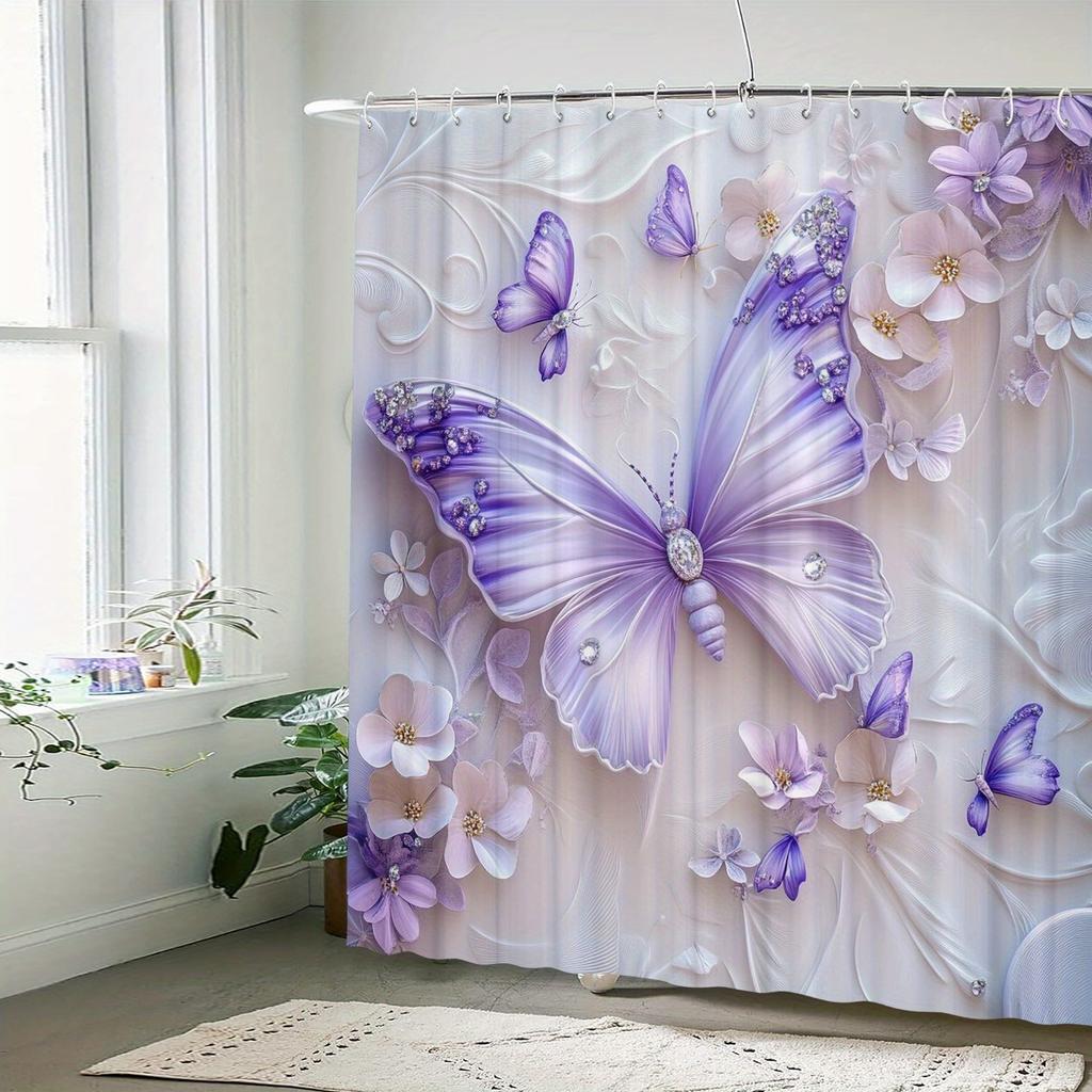 1pc Shower Curtain - Elegant Purple Butterflies and Flowers Design for a Serene Bathroom Waterproof