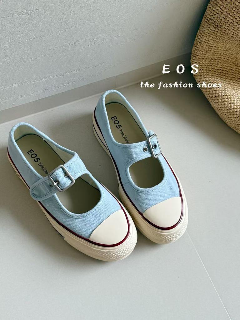 One pedal thick-soled shallow mouth Mary Jane shoes women's 2025 summer new leisure sports canvas shoes one-word buckle single shoes