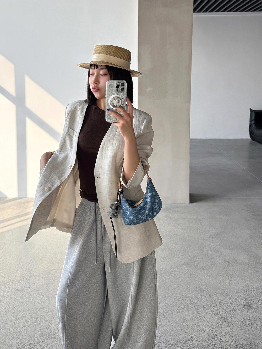 

Пиджак костюмный с V-образным вырезом из тенсела и льна Wang Qizhi: Женский короткий свободный кардиган S (recommended for 80-100 jin)