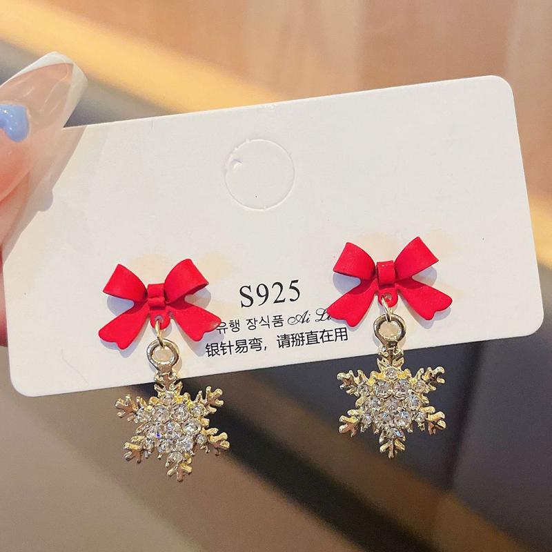 

Crystal Metal Snowflake Dangle Earrings for Women Party Trendy Sweet Zircon Cute Black Red Bow Drop Earrings Festival Gifts