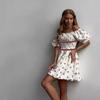 European and American new temperament cute French girl floral square neck short sleeve chiffon sweet short dress women's clothing