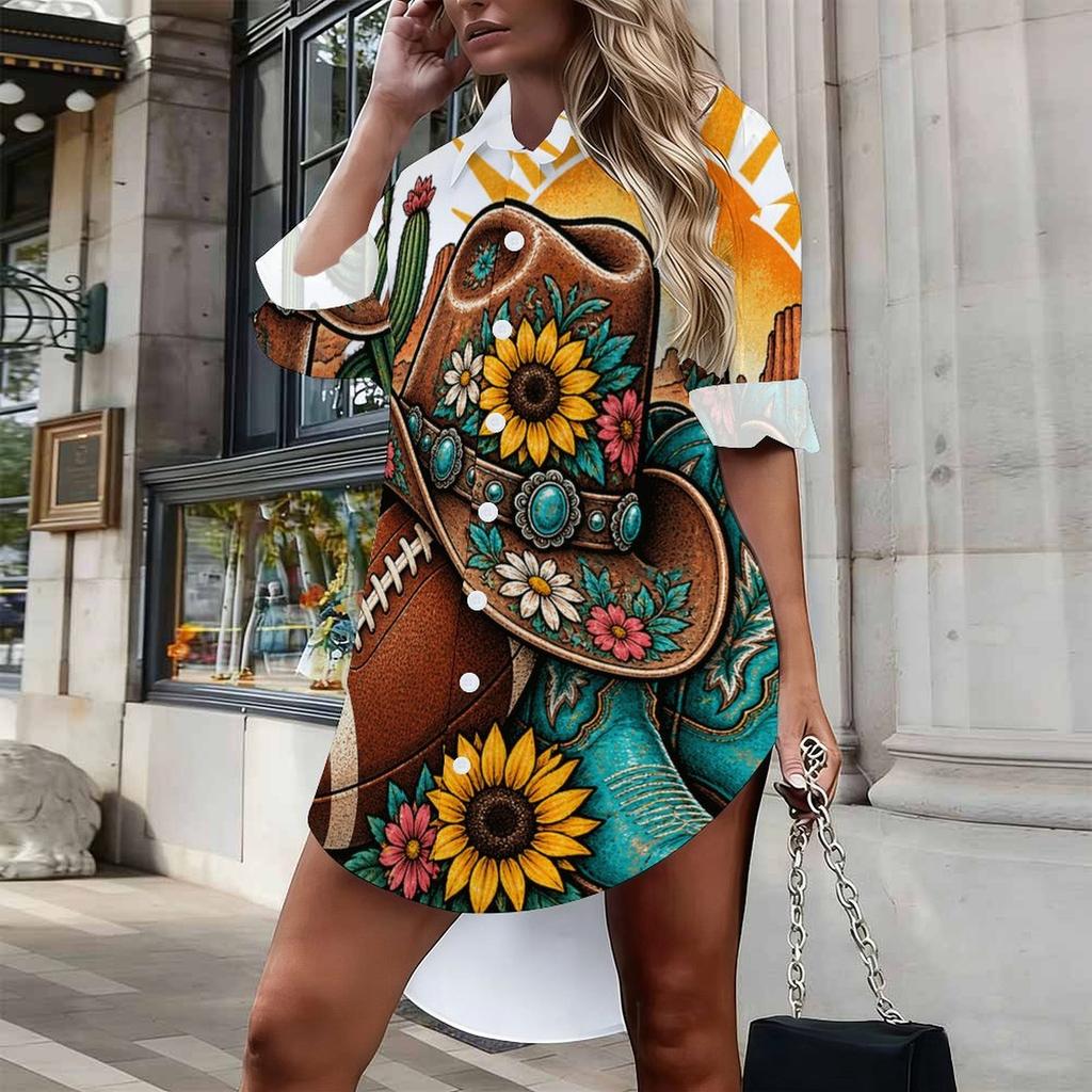 Women Plus Size White Printed Collared Long Sleeve Button Front Curved Hem Shirt Dress