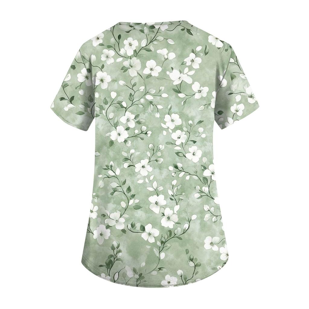 Women's Fashion Printed  Short Sleeve Care Workwear With Double Pockets Top