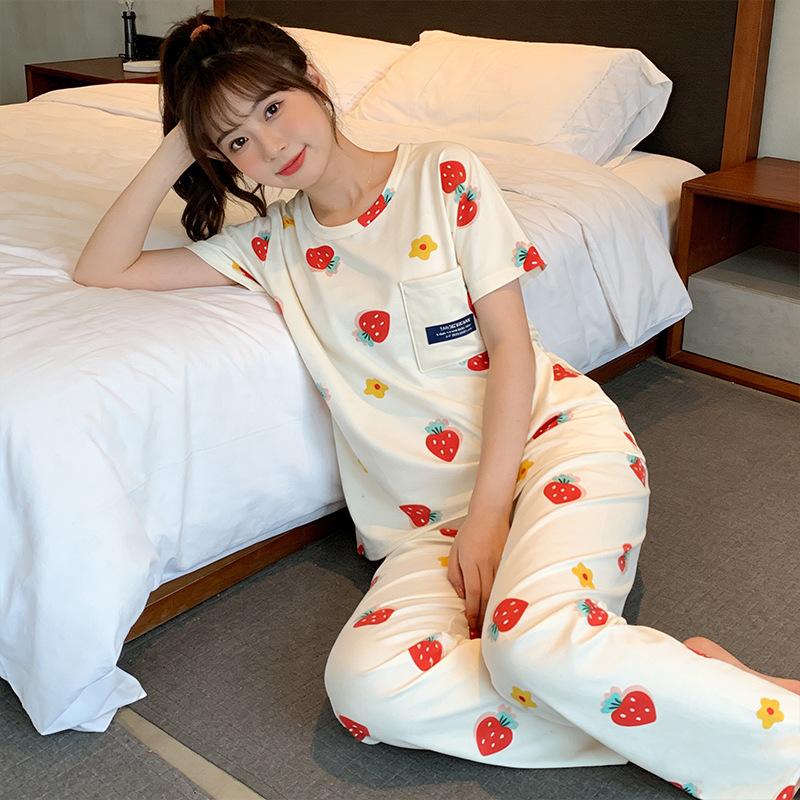 Summer Sweet Women's Pajamas Small Fresh Flowers Strawberry Short-sleeved Trousers Set Loose and Can Be Worn Outside Loungewear