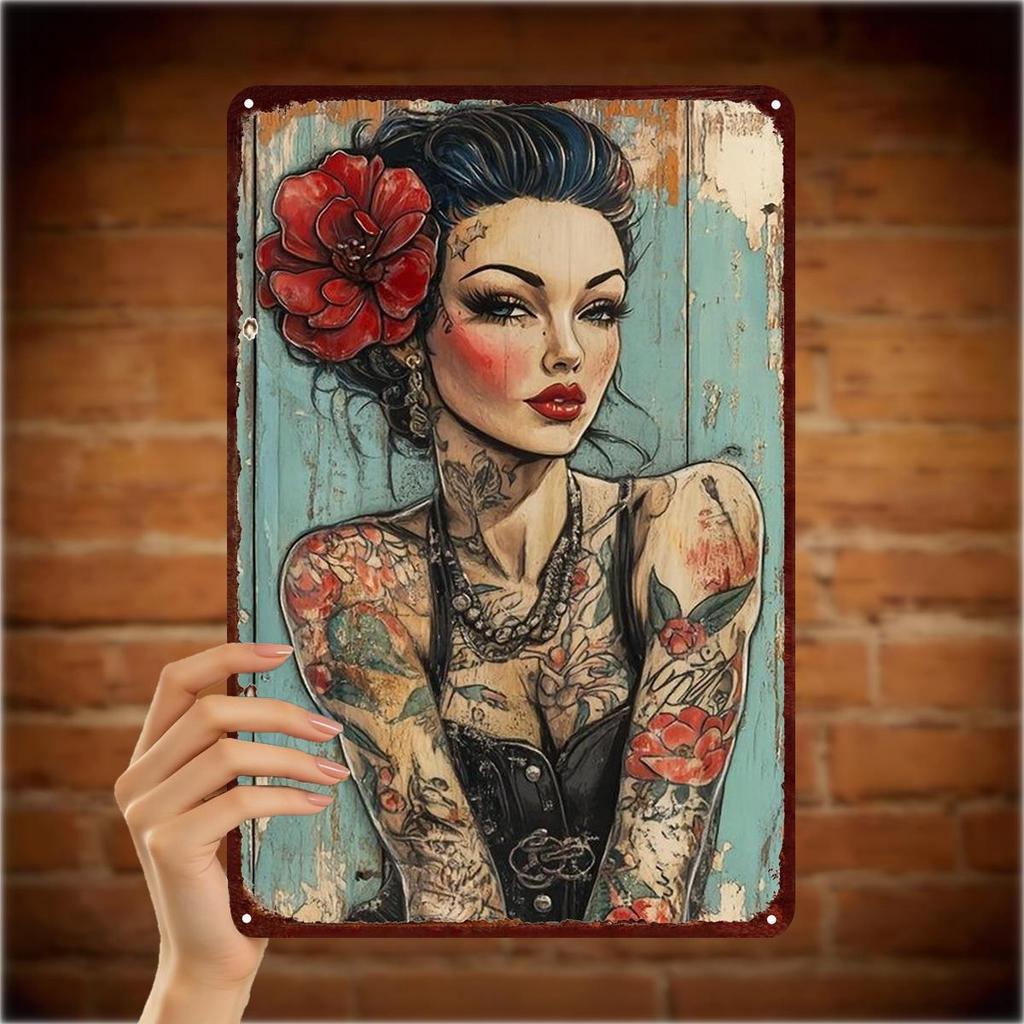 Metal Decor Painting Tattooed Woman with Red Flower