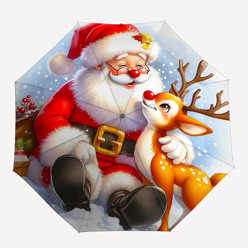 1pc Christmas Santa Claus Deer Automatic Opening/Closing Umbrella, Portable Tri-Fold Design with 8 Iron Ribs, Outdoor, Gift for Fans, Travelers, Daily
