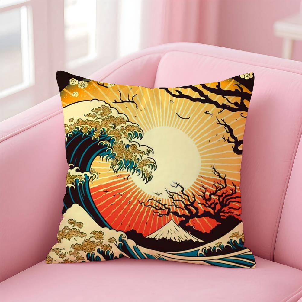 Japanese Waves Cushion Cover Linen Pillowcase Cover Soft Decor for Sofa Home Room 30x30cm