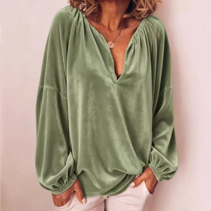 Fall Winter Velvet V Neck Blouse Long Sleeve Lantern Sleeve Loose Fit Casual Top