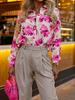 1116 New Elegant Pink Flower Print Long-sleeved Shirt European and American Temperament Commuter Casual Sleeve Top