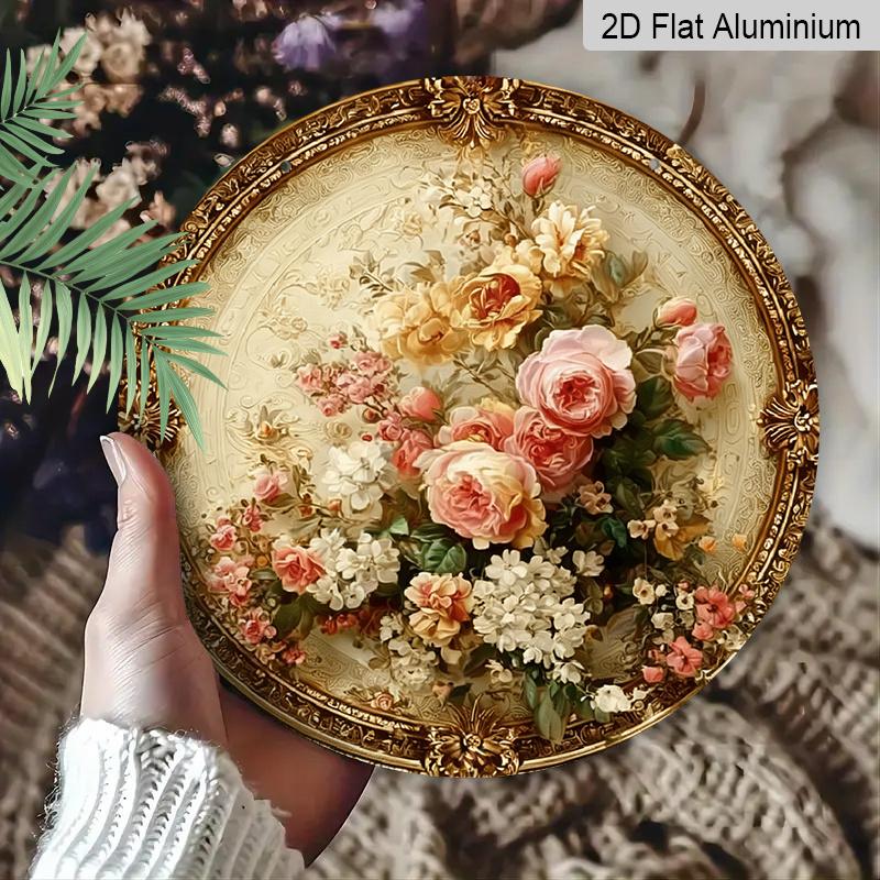2D Flat, 1pc Round Vintage Floral Metal Wall Decor - Beige & Golden Suitable for Home, Suitable for Housewarming Gifts, Round Aluminum Plaque with