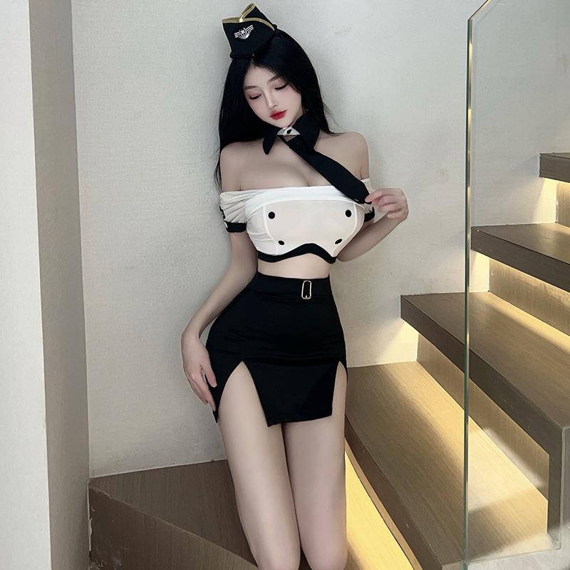 Sexy Airline Stewardess Uniform Secretary Costumes Cosplay Bandage Backless Top Mini Skirt Lingerie Set Office Role Play Outfit