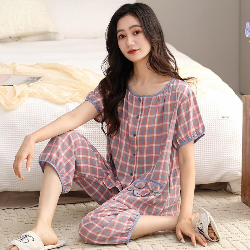 Pajamas women's 1011 new summer pure cotton thin short-sleeved cropped pants high-end cotton loungewear large-size set