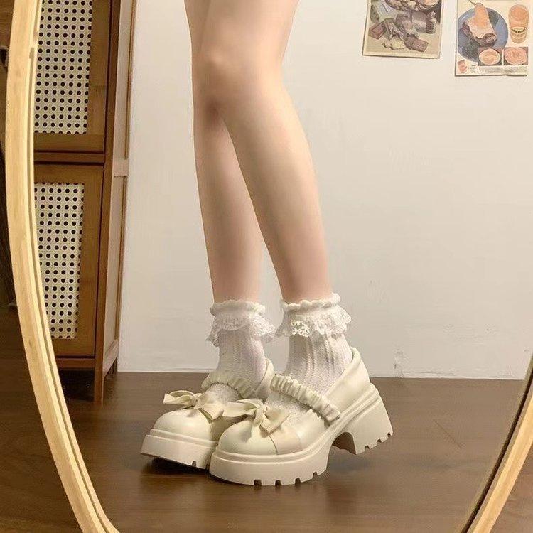 Weiße Dicke Ferse Erhöhende Kleine Lederschuhe Damen Winter 2024 Neu Gummizug Schleife Leichte Mund Mary Jane Einzelne Schuhe