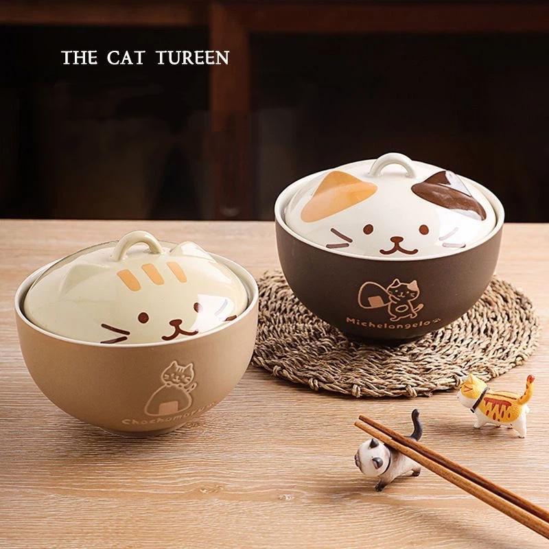 Japanese Cat Ceramic Noodle Bowl with Lid – Cute Ramen, Noodle, and Soup Bowl for Home or Gift