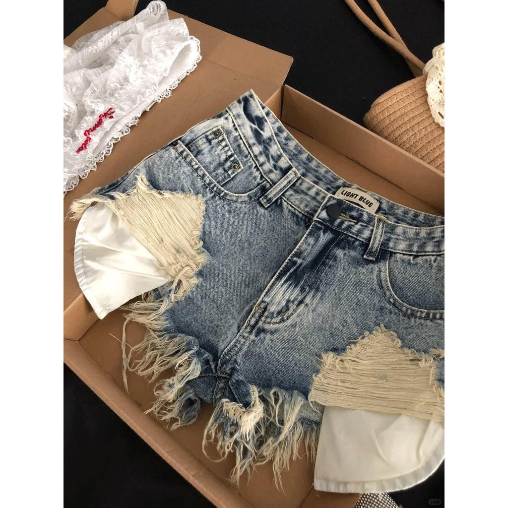 High Waist Ripped Denim Tassel Shorts - European & American Style