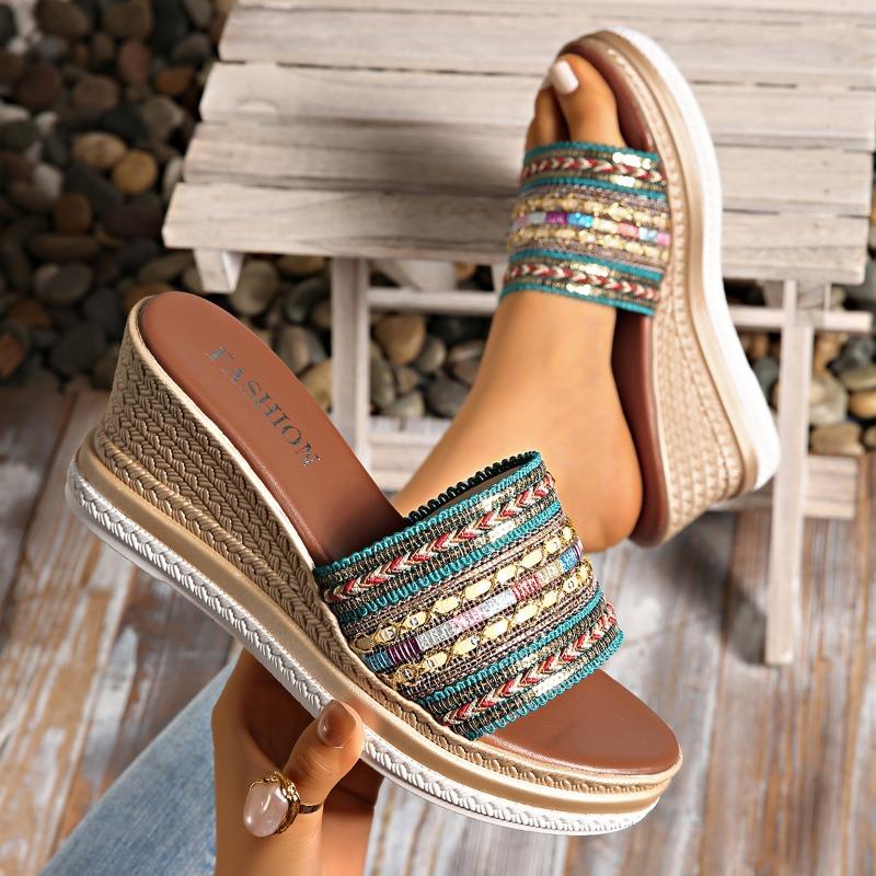 Summer New Flat-bottomed Slope Heel Cool Slippers Women's Muffin Thick-bottomed Colored Sequins Student One-word Slippers