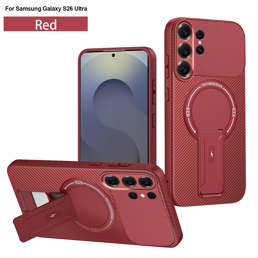 Silicone Magnetic Case for Samsung Galaxy S26 Ultra Plus S26Ultra S26+ 5G Carbon Fiber Texture Fold Kickstand Back Cover Housing