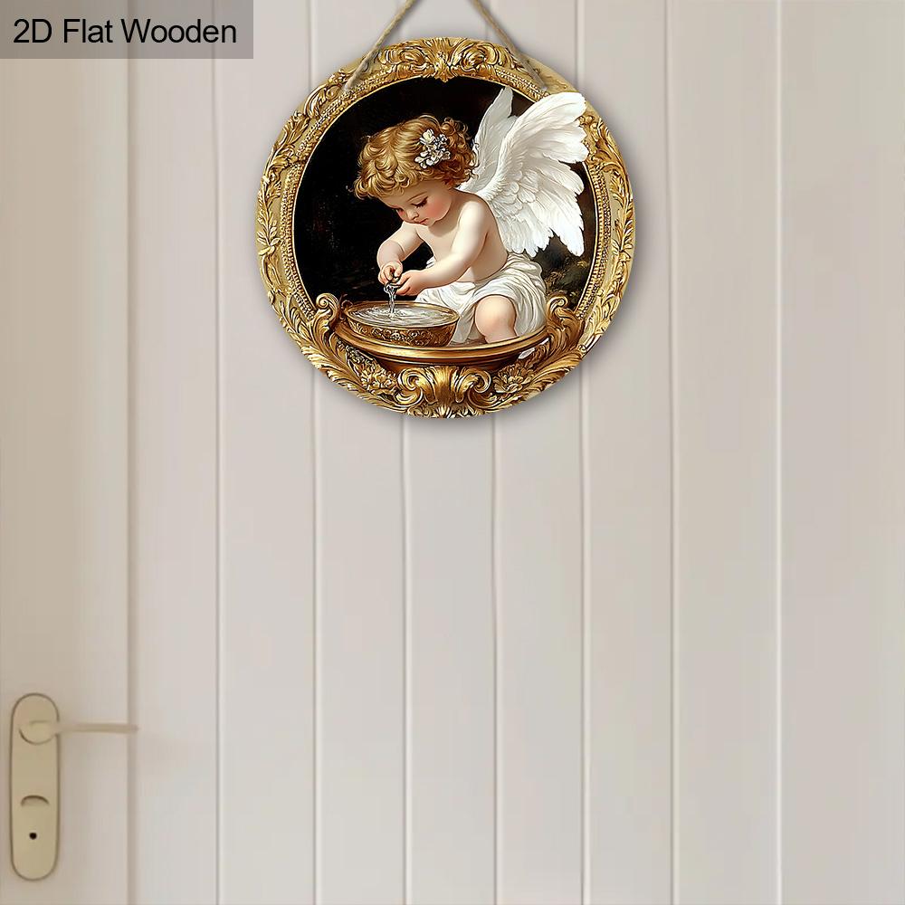2D Flacher Niedlicher Engel mit Weißen Flügeln Holz Wandkunst Dekor, Engel mit Goldenem Lockigem Haar Hängedekor für Zuhause Büro Schule Bar Eingangsbereich Veranda Zimmer