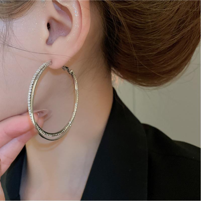 Exaggerated Big Round Full Rhinestone Crystal Hoop Earrings for Women Simple Hyperbole Geometric Circle Earrings Jewelry Gifts