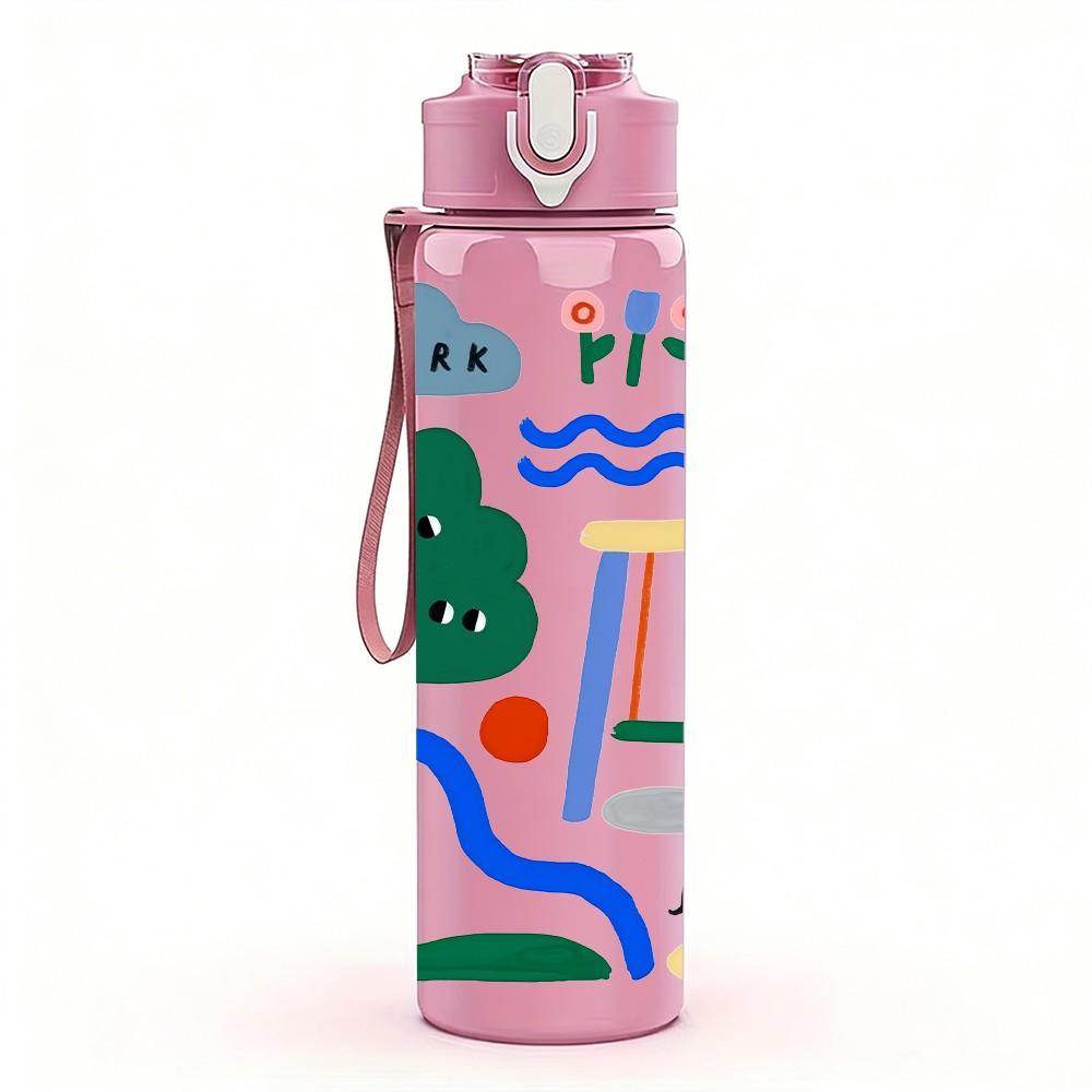 1PC Abstract Geometric Mountain Print 750ml Color Plastic Sports Water Bottle Leakproof Flip Straw Lid Suitable for Sports Office Home Use