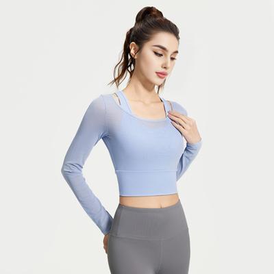 Women's Sheer Mesh Fake Two-Piece Crop Top Slim Fit Long Sleeve Camisole Workout