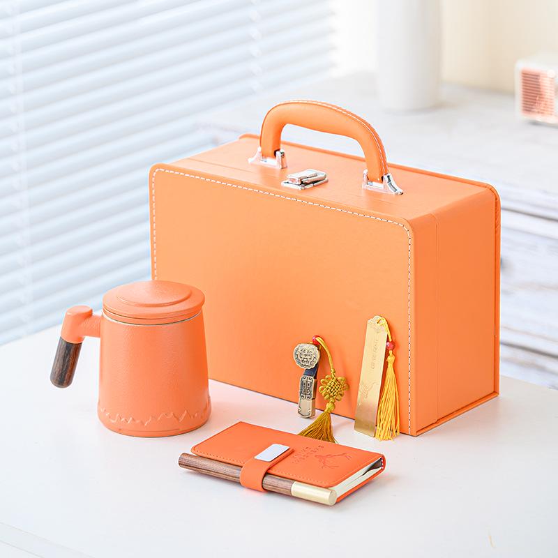 Orange Leather Gift Box: Ceramic Mug Set with Lid & Tea Infuser, Customizable Business Gift.