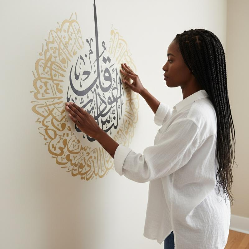 New 2Pcs Surat Alnas Vinyl Wall Decal Ayatul Kursi Islamic Calligraphy Lantern Modern Wall Sticker Removable Living Room Decor