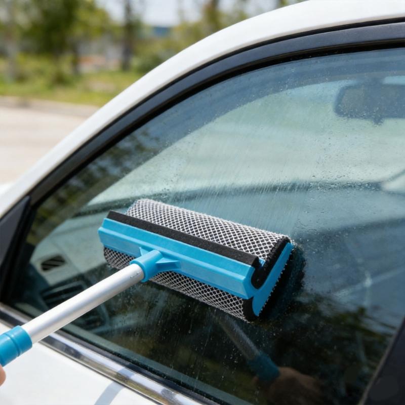 Extendable Glass Cleaner Tool Having Soft Rubber Wiper And Brush For Mirrors Cars