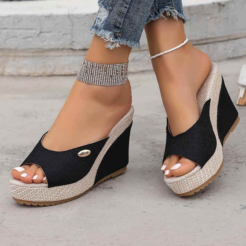Modische gewebte Keilsandalen für Damen im Frühling und Sommer, Vielseitige Slip-On Schuhe mit dicker Sohle, Schöne Peeptoe-Schuhe mit Schnallenverzierung