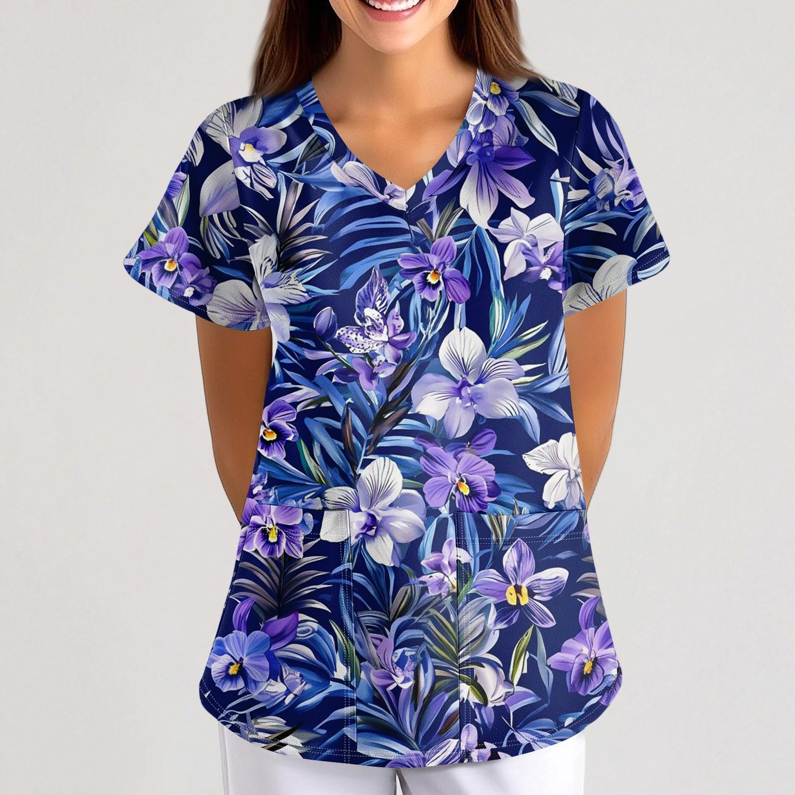 

Женская Свободная Униформа с коротким рукавом и V-образным вырезом и цветочным принтом с мелкими животными XXXL синий