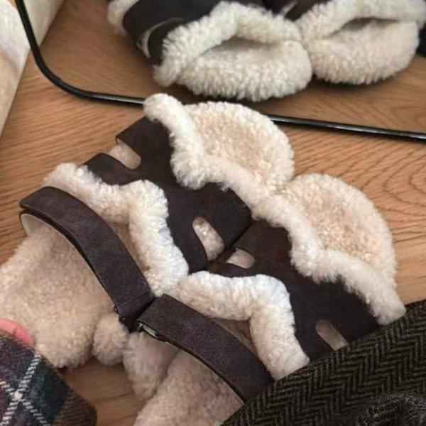 2025 soft bottom autumn and winter new open-toe comfortable daily flat bottom one-word drag black fluffy slippers women's outer wear