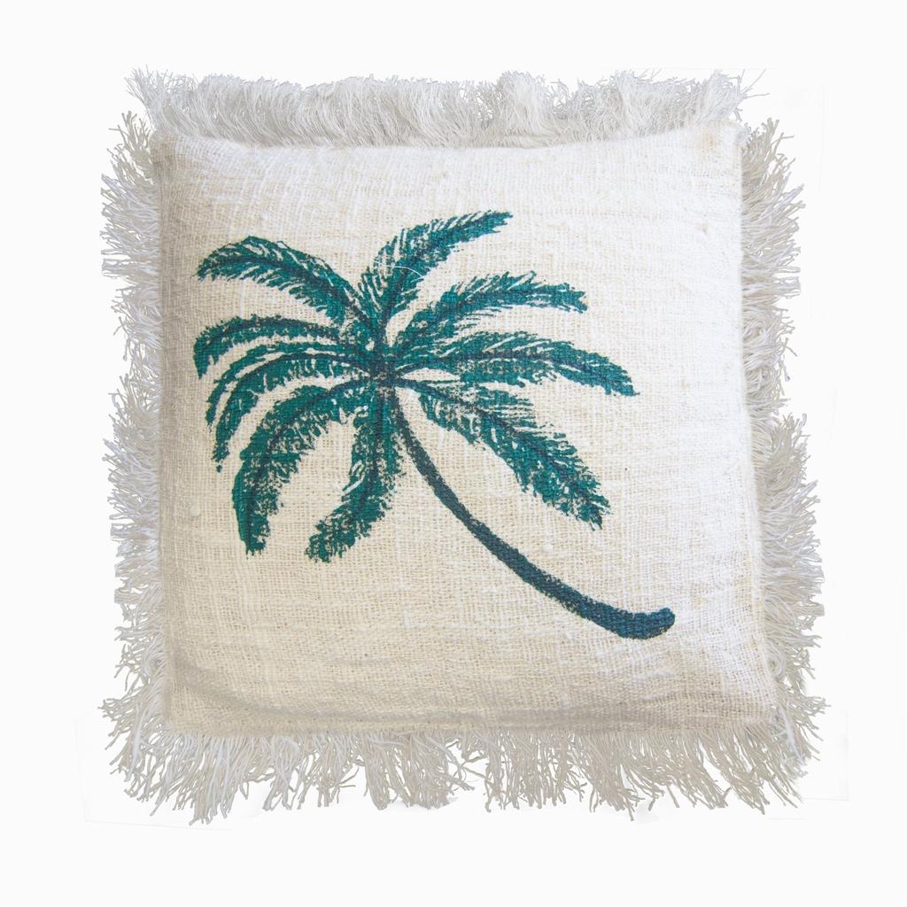 Linen Cushion 45x45cm Palm Tree Fringe