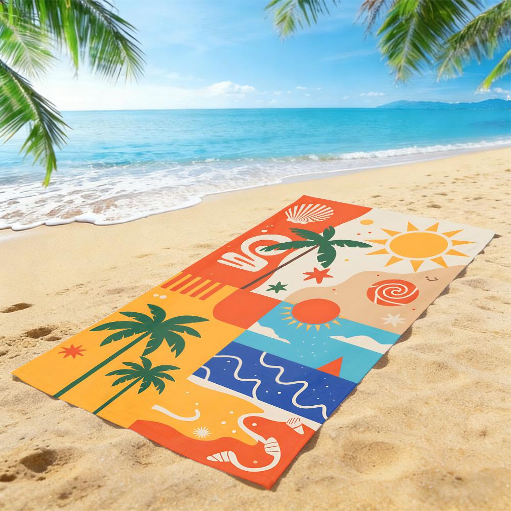 Geometric Tropical Beach Towel – Oversized Quick Dry Sand Free with Palm Tree & Sun Print for Summer