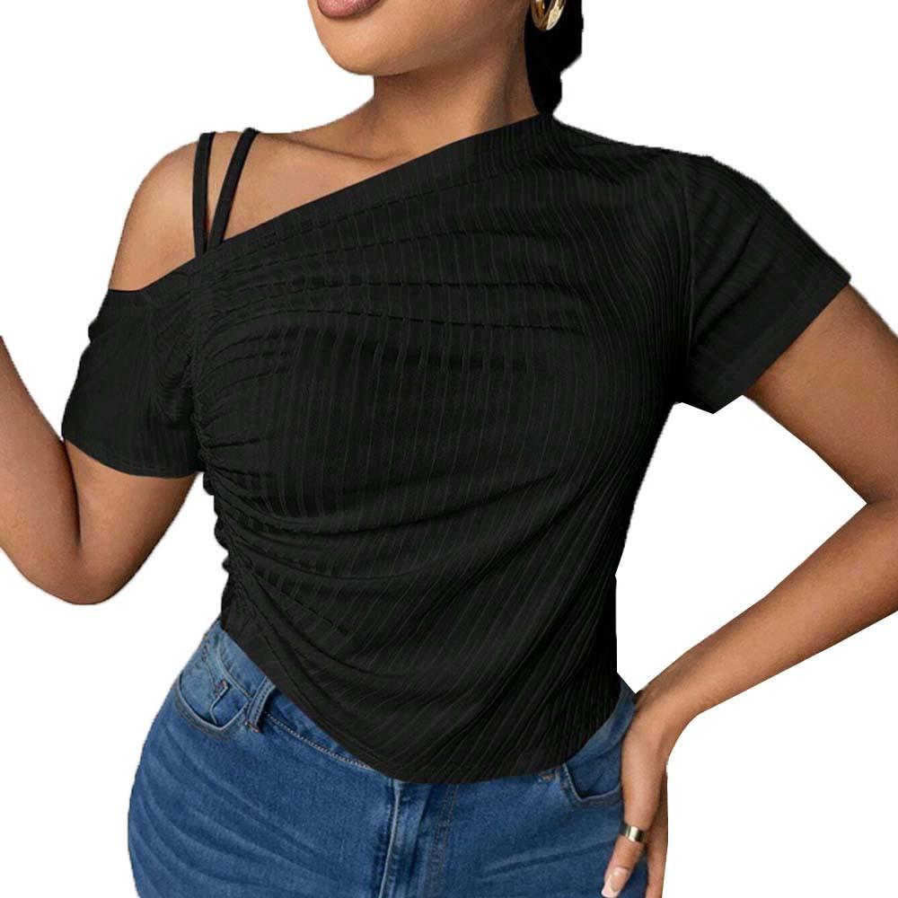 Plus size women's TEMU summer new slim fit, off-shoulder, cross-collar, solid color T-shirt
