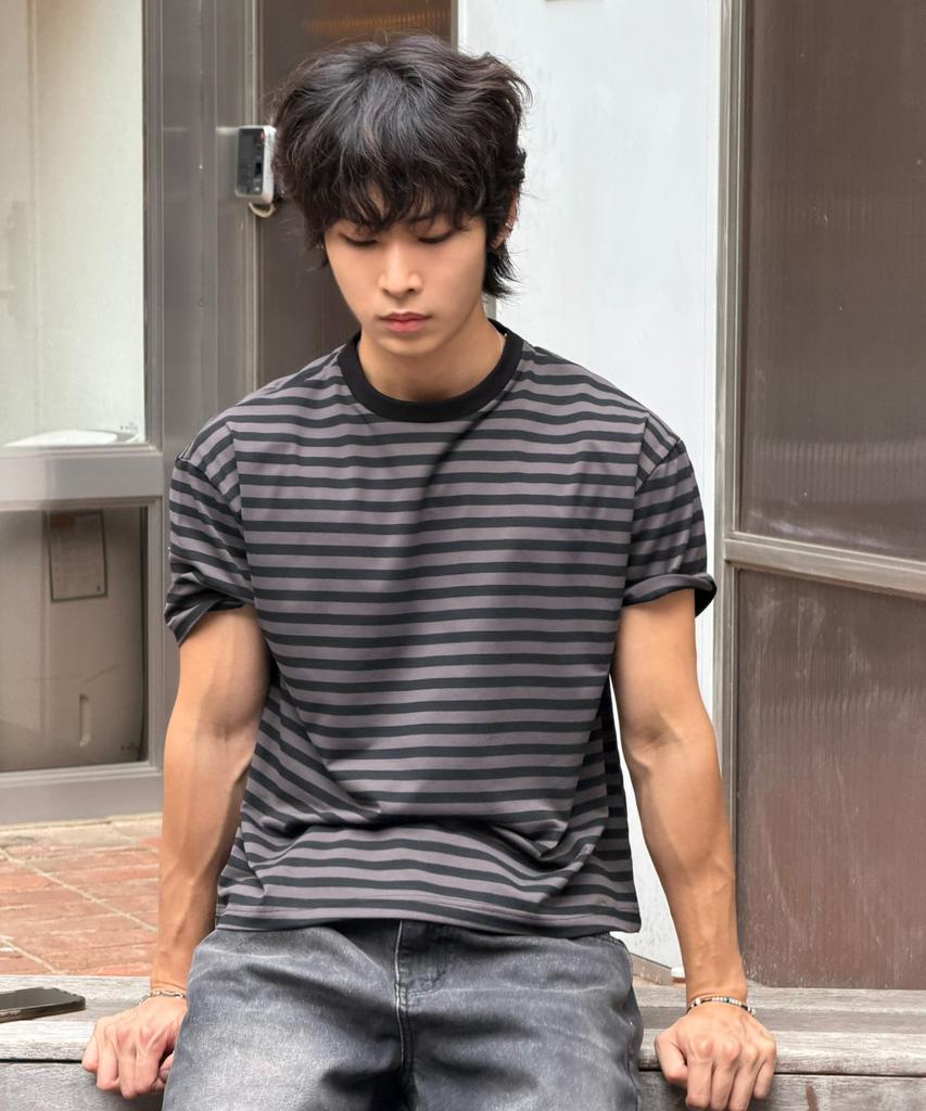 SIGNATURE Cropped Soft-Touch Striped Short Sleeve T-Shirt [Black]