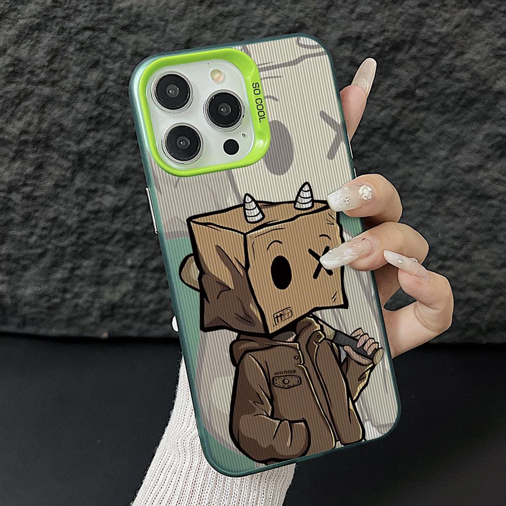 Cartoon Box Man Phone Case for iPhone 17 Air 16 16e 15 14 Plus 13 12 11 Pro Max X Xs XR 8 Colorful Silver Hard Cover