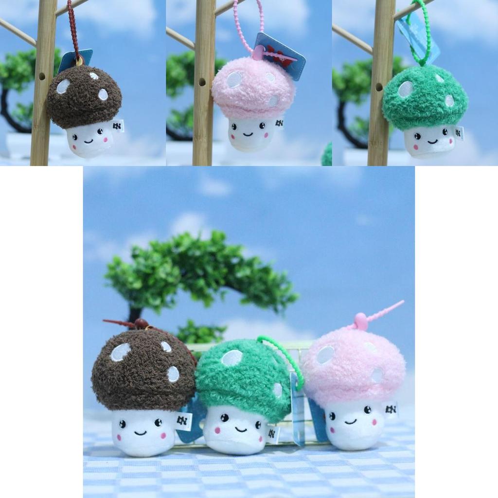 Delightful Miniature Mushroom Plush Toy Keychain In Pink Green And Dark Colors Brown