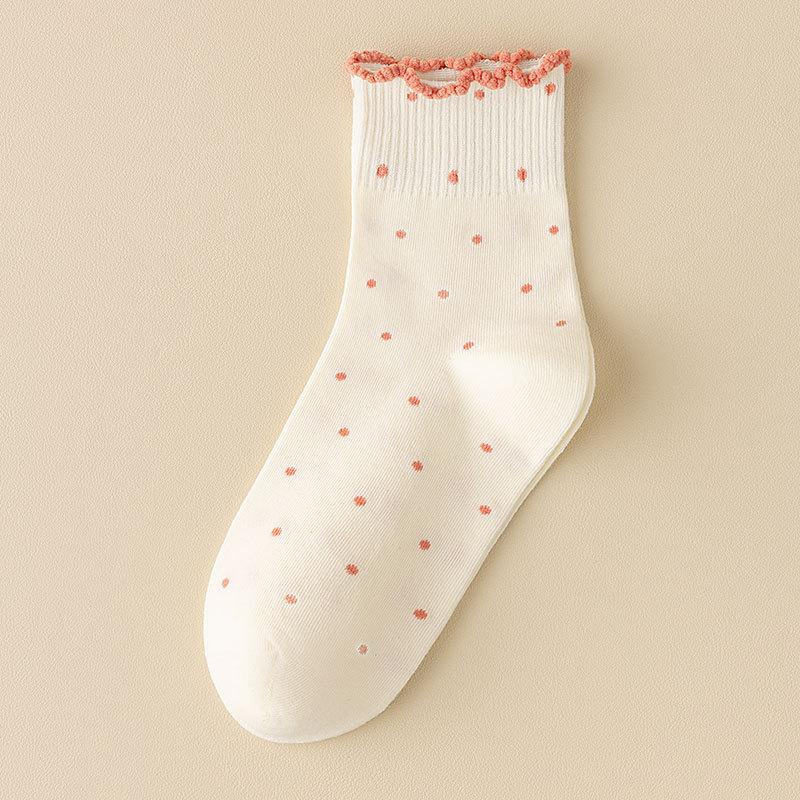 Black Fungus Lace Socks for Women, Spring and Autumn Style, Pile Socks, Cotton Socks, Summer Polka Dot Roll, Boneless Mid-calf Socks