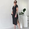 2024 Summer Women's V-Neck Fashion Striped Slim-Fit Slit Dress
