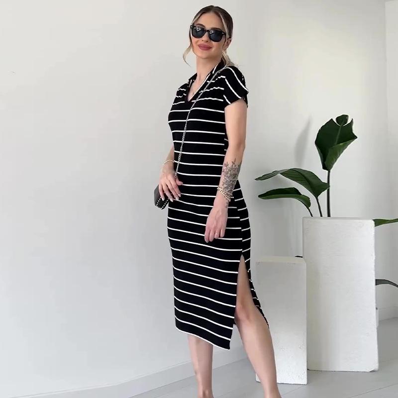 2024 Summer Women's V-Neck Fashion Striped Slim-Fit Slit Dress