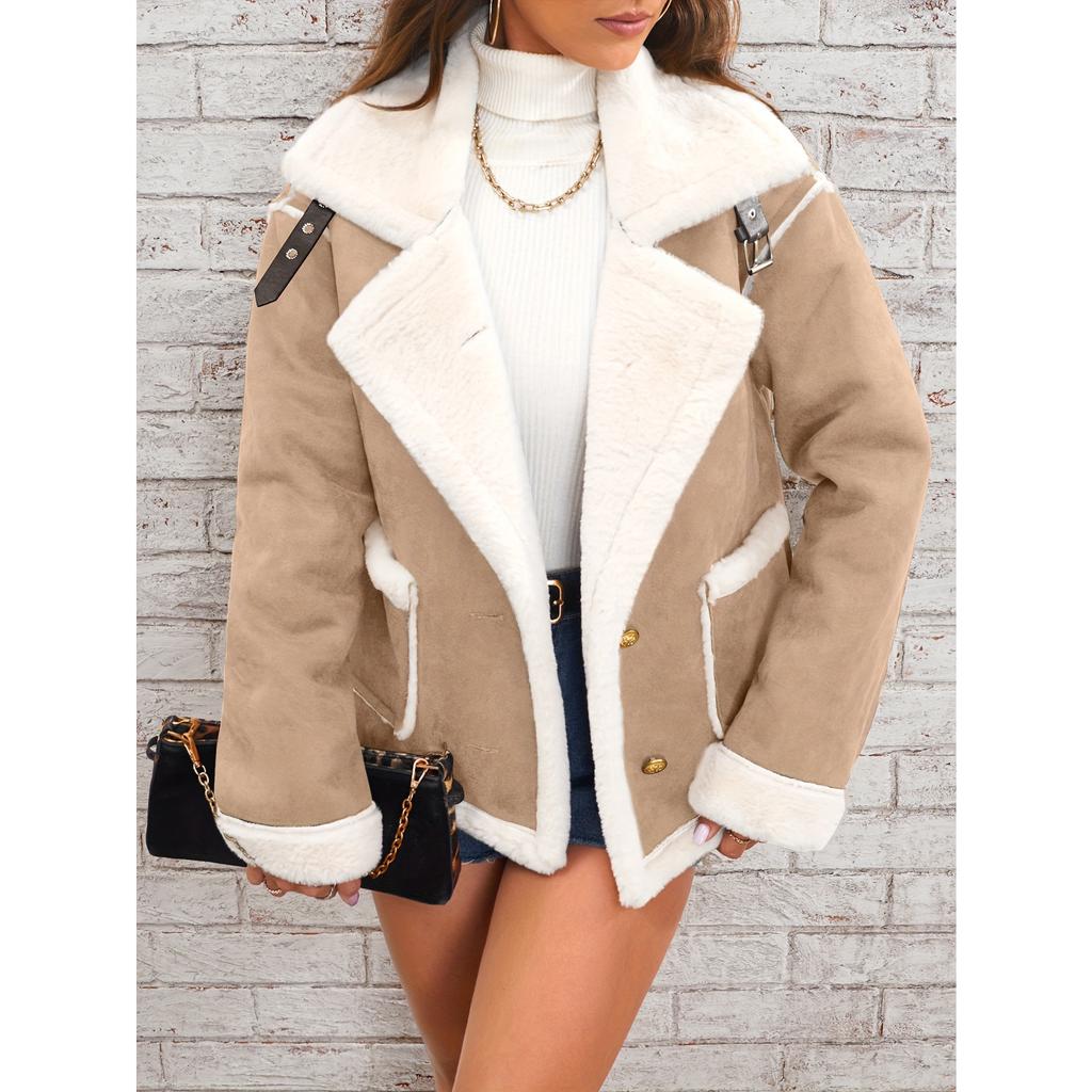 2026 New Women's Faux Fur Collar Jacket, Winter Warm Plush Cozy Casual Outwear with Fashionable Lapel Design for Cold Weather