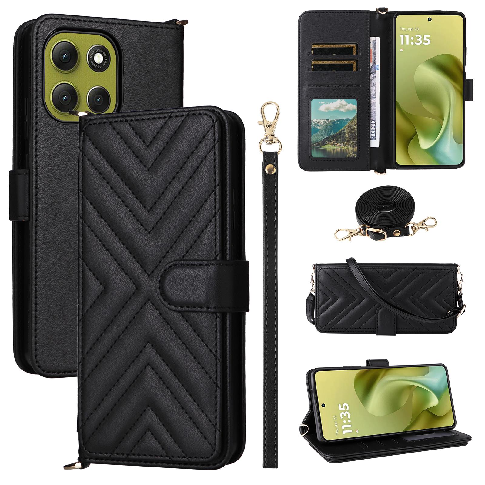 

For Motorola Moto G86 5G Case with Shoulder/Wrist Strap Leather Phone Cover Stand Wallet Black