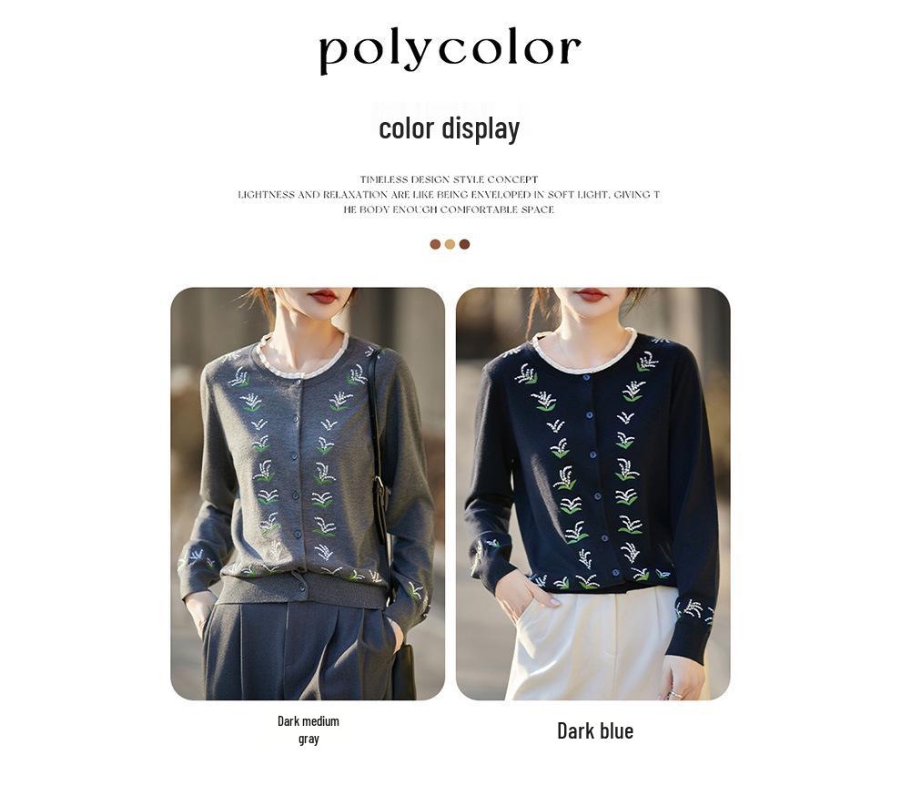 Color Block Wool Embroidered Round Neck Cardigan - Casual Long Sleeve Knit Pullover