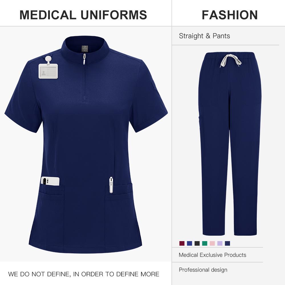 Zippered Stand-Up Collar Scrub Suit with Straight-Leg Pants In Solid Color for Healthcare Professionals
