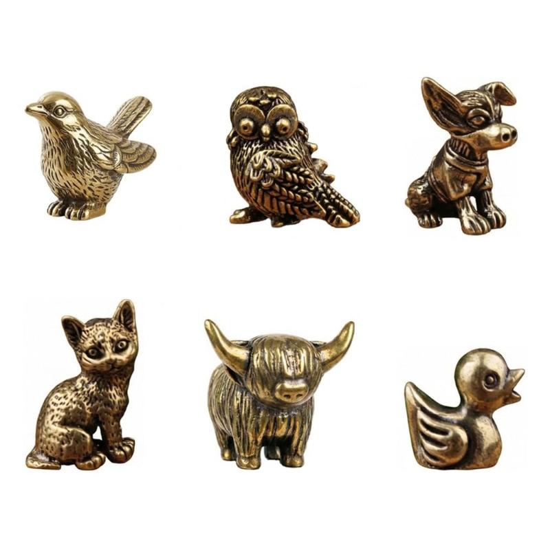 Pack of 6 Brasses Animal Hinge Toppers Decorations Handcrafted Miniature Sculptures Door Hinge Head for Home Bookshelf Display