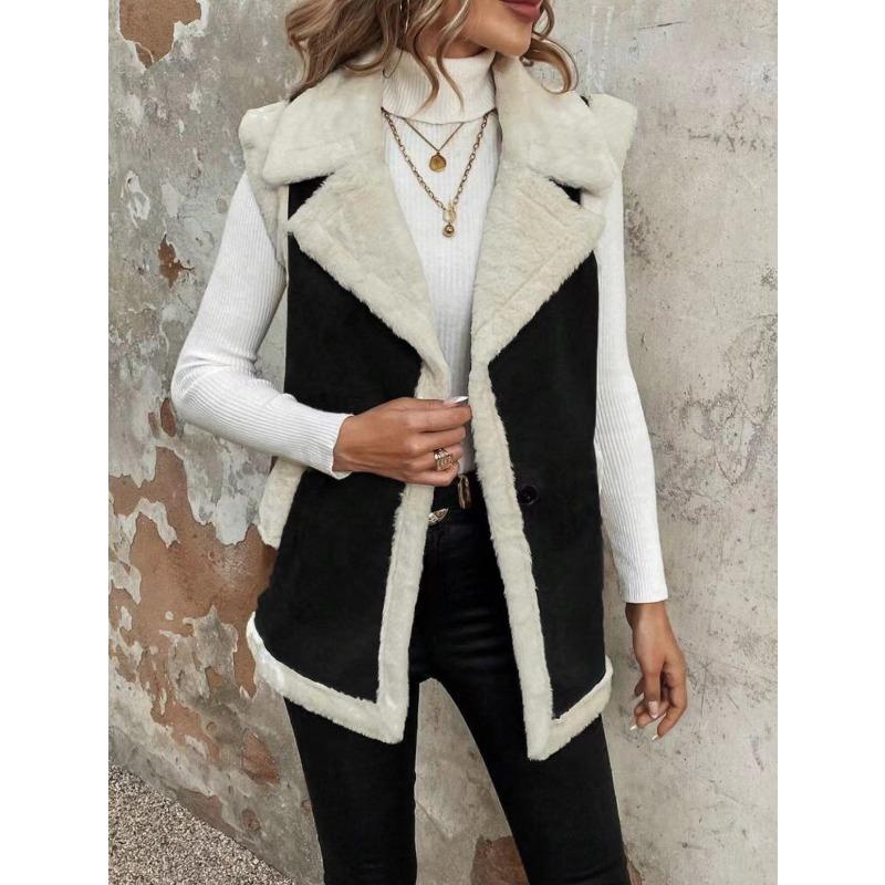 

New women s vest plush splicing lapel vest medium and long sleeveless vest jacket women s trend XL чёрный