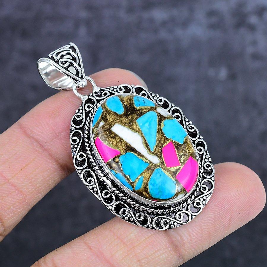 Natural Cotton Candy Turquoise 925 Sterling Silver Jewelry Pendant 2.17" ETC-14009