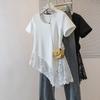 Women Round Neck Asymmetrical Lace Spliced Short Sleeve Casual Top